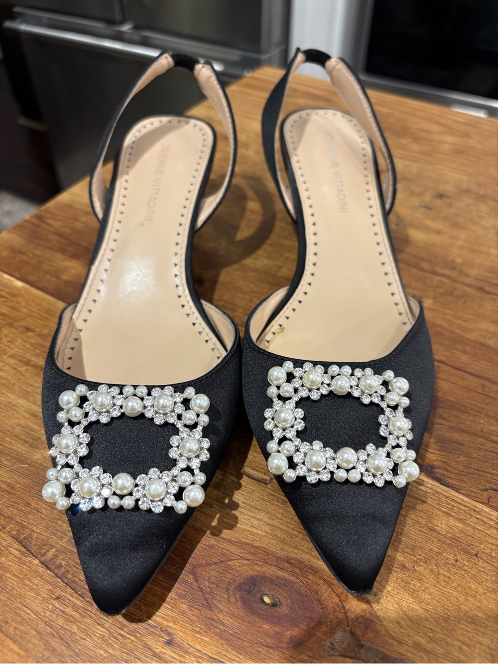 Adrienne Vittadini Elegant Black Pearl-Embellished Slingback Shoes Women’s